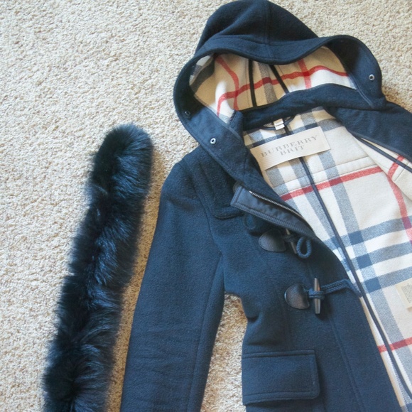 Burberry Brit Wool Coat with Fox Fur Trim Hood